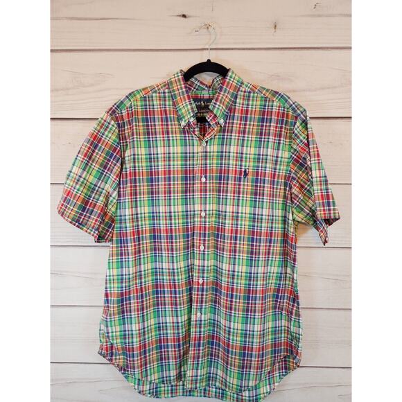 Ralph Lauren Mens Multicolor Plaid‎ Short Sleeve Cotton Shirt Size L - Picture 1 of 6
